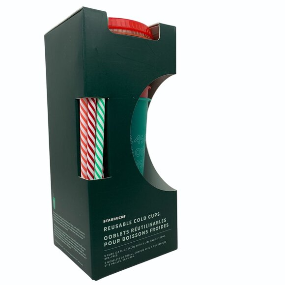 Starbucks Reusable 24 oz Cold Cups w/ Lids & Straws Holiday 2019 Set Of 5 New - Picture 3 of 6